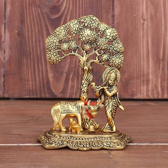 Laddu Gopal Ji Gold Metal Kamdhenu Brass A Tree Cow Calf With Krishna Pooja Room