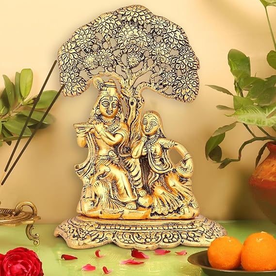 Gold Plated Metal Radha Krishna Statue Idol