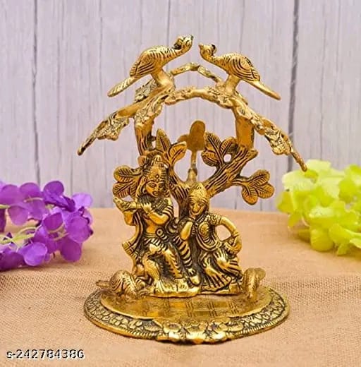 Radha Krishna sitting Playing Flute Under Tree idol Metal Statue Gold Antique Finish for Pooja & Home,Office Decorative
