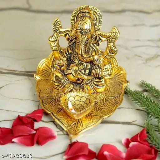 Handicraft Ganesha on Leaf - Ganesh with Diya - Lord Ganesha Metal Hand Craved for Home Temple Pooja Mandir Decorative Gift Diwali Decoration