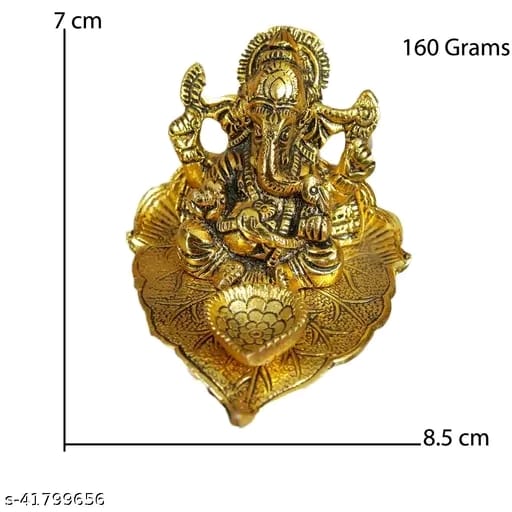 Handicraft Ganesha on Leaf - Ganesh with Diya - Lord Ganesha Metal Hand Craved for Home Temple Pooja Mandir Decorative Gift Diwali Decoration