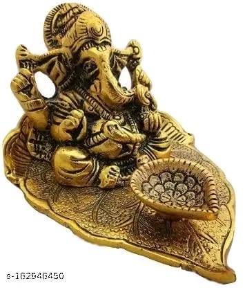 Golden Metal Handcrafted Lord Ganesha Idol with Diya on Leaf