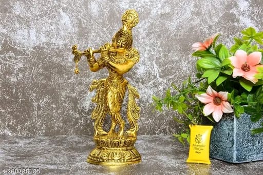 Lord Krishna Flute Metal Statue Krishna Murti Playing Flute for Temple Pooja Home Office & Showpiece Gift Gold ( Pack of 1 Showpiece )