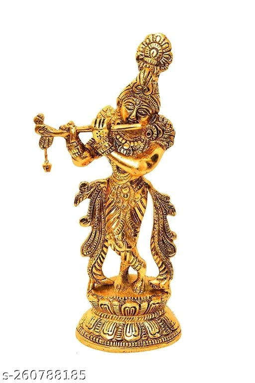 Lord Krishna Flute Metal Statue Krishna Murti Playing Flute for Temple Pooja Home Office & Showpiece Gift Gold ( Pack of 1 Showpiece )