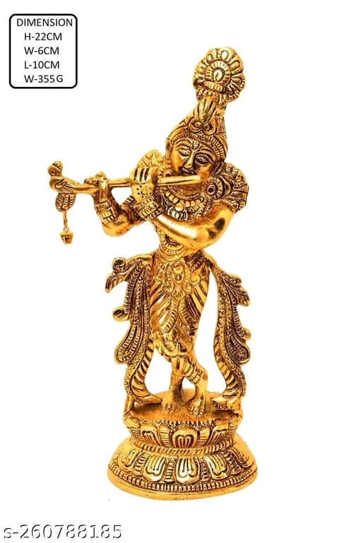 Lord Krishna Flute Metal Statue Krishna Murti Playing Flute for Temple Pooja Home Office & Showpiece Gift Gold ( Pack of 1 Showpiece )