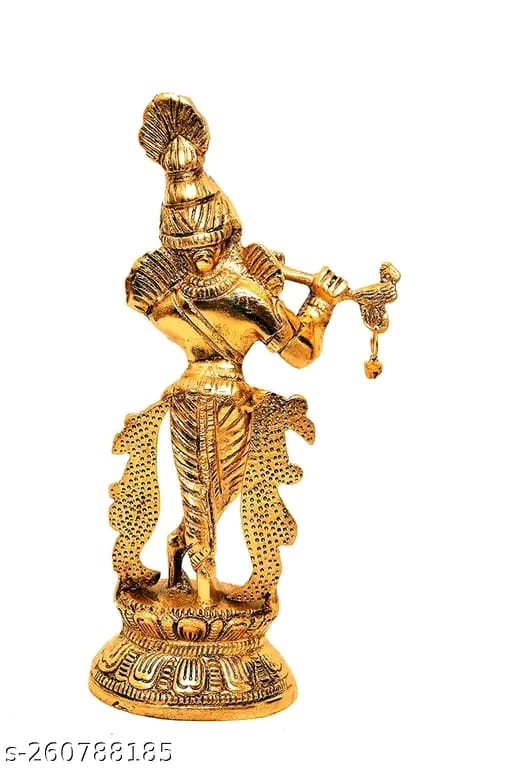 Lord Krishna Flute Metal Statue Krishna Murti Playing Flute for Temple Pooja Home Office & Showpiece Gift Gold ( Pack of 1 Showpiece )