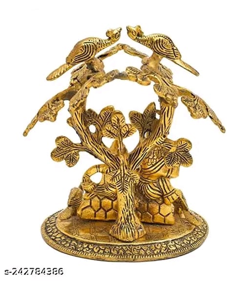 Radha Krishna sitting Playing Flute Under Tree idol Metal Statue Gold Antique Finish for Pooja & Home,Office Decorative