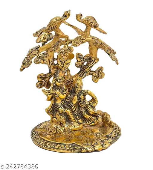 Radha Krishna sitting Playing Flute Under Tree idol Metal Statue Gold Antique Finish for Pooja & Home,Office Decorative