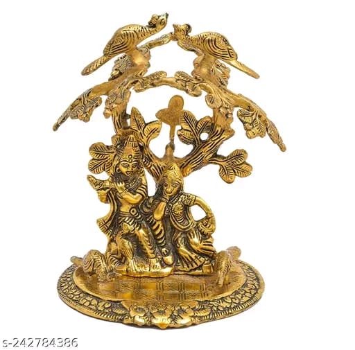 Radha Krishna sitting Playing Flute Under Tree idol Metal Statue Gold Antique Finish for Pooja & Home,Office Decorative