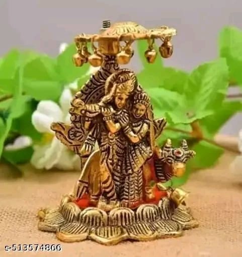 White Metal Solid Radha Krishna Idol Murti with Cow Statue Handicraft Idol for Temple/Home/Office/Home Decoration/Worshiping/Gifting Purpose Item Pack of 1