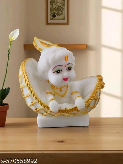 Bal Gopal Murti | Laddo Gopal Idol | Makhanchor Lovely,Baby Krishna Decorative Figurine, Religious Statue in Cradle, Blue and Gold, Handcrafted Home Decor - 3.5 inch