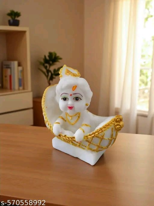 Bal Gopal Murti | Laddo Gopal Idol | Makhanchor Lovely,Baby Krishna Decorative Figurine, Religious Statue in Cradle, Blue and Gold, Handcrafted Home Decor - 3.5 inch