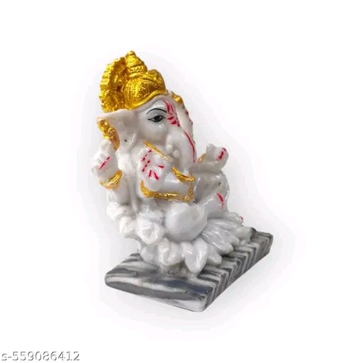 White Sitting Ganesh Ji Idol on Leaf – Ganesha Murti Figurine for Home Decoration, Pooja, Office Desk | Vinayagar Statue Sculpture for Housewarming & Return Gifting